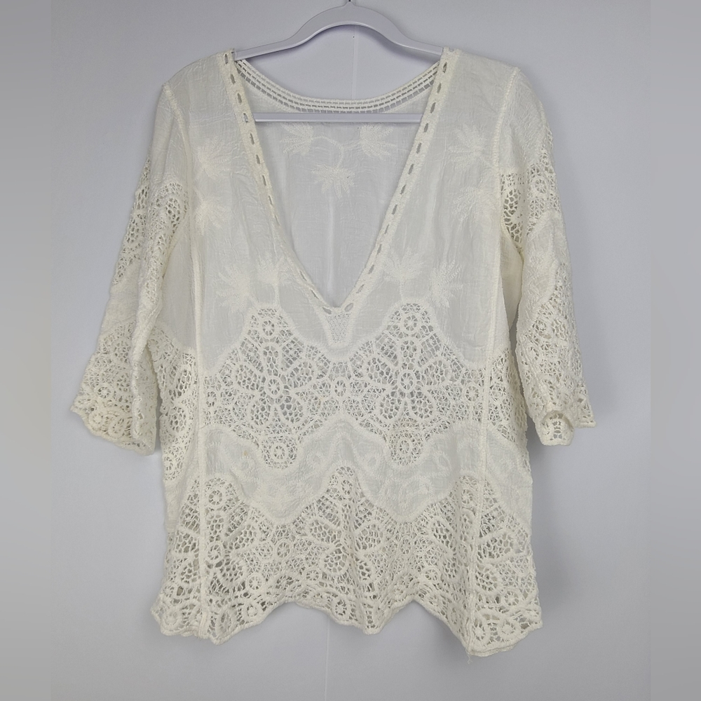 Vintage beige crochet 3/4 sleeves boho resort wear beachcover v-neck blouse